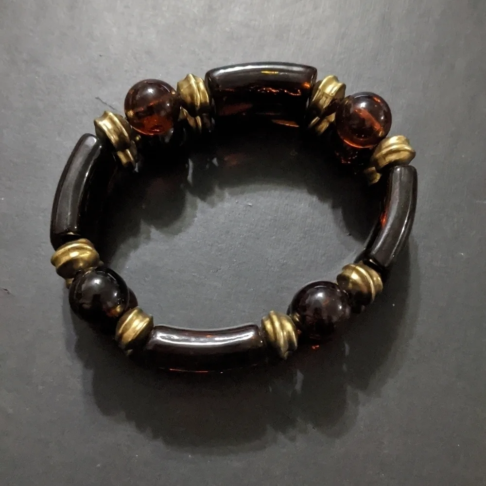 𝅺Gold Tone Brown Beaded Stretchy Elastic Statement Bracelet